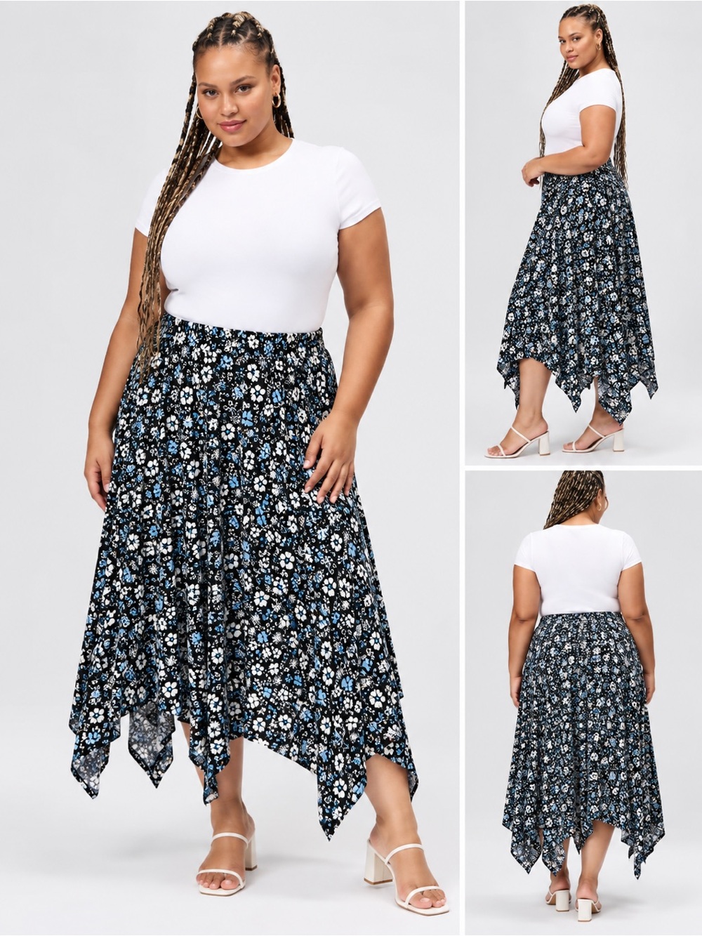 Cato Floral Handkerchief Hem Midi Skirt Black Blue White Size M